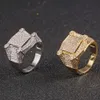 Hip HopBling – bague carrée en Zircon 5a pour hommes, couleur or, matériau en cuivre glacé, bijoux Hip Hop à la mode