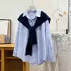 Women's Blouses Women Long Sleeved Shirt Turn Down Collar Solid Loose Fit Blouse With Knitted Shawl 2Pcs Set Spring Fall Office Lady Tops