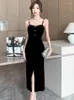 Casual Dresses 2024 Black Flanell Chic Sling Long Dress Women Fashion Backless Sexig Club Autumn Winter Korean Vintage Hepburn Gown