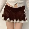 Saias Ruffle Edge Patchwork Lã Malha Nádegas Saia para Mulheres 2024 Outono / Inverno Lace Up Bow Metade