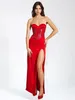 Robes décontractées 2024 Sexy Femmes Rouge Dentelle Design Satin Sans Bretelles Sans Manches Moulante Split Longueur Robe Cocktail Soirée Robes