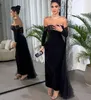 Elegant Black Arabic Dubai Evening Dress 2024 Strapless Open Back Velvet Tulle Train Prom Formal Party Gowns Robe De Soiree Vestidos De Gala