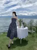 Casual Dresses Korean Rhombus Polka Dot Print Elegantes sexy rückenfreies langes Kleid Sommer Frauen Mode Spaghetti Strap Party Club Urlaub