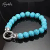 Bracelets Thomas 10mm Cyan Stone Bead Bracelet with Black Zirconia Paved Circle Clasp, European Rebel Heart Jewelry for Men TS B141