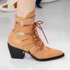 Botas Chunky Heels Cut-outs Lace-up Ankle Mulheres Apontadas Toe Grande Fivela Decorada Retro Vestido Festa Rnway Sapatos 2024