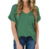 Hot Sell Women Casual T-shirt Solid Color V-Neck Loose Casual Summer Knit Short-sleeved Tops