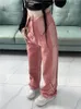 سراويل جينز للسيدات ربيع الخريف وردي طويل سراويل طويلة غير منتظمة عالية الخصر الموضة على الطراز الكوري بنطلون سراويل فضفاضة امرأة مطوية