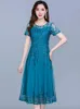 Blau Casual Chiffon Mesh Koreanische Lange Kleid Sommer Frauen 2023 Tuniken Midi Mode Elegante Prom Abendkleider Kurzarm 240111