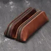 Genuine Leather Pencil Case Handmade Zipper Bag Portable Kawaii Cosmetics Storage Pouch School Office Supplies