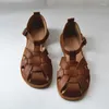 Sandalias Cuero De Vaca Retro Nostálgico Tejido Mujer Verano Zapatos De Cuero Genuino Suela Plana Soldado Hombres