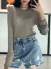 Women's T Shirts Long Sleeve T-Shirt Round Neck Bronzing Trim White Dark Grey Female Bottoming Tees 2024 Spring Summer