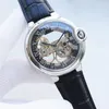Uhren Herrenuhr, automatisches mechanisches Uhrwerk, 46 mm, ausgehöhlt, hochwertige Designer-dünne Armbanduhr, Mineralglas, verspiegeltes Zifferblatt, Rindslederarmband, wasserdicht, neu