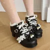 Dress Shoes 2024 Warm Winter Women Pumps Plus Size 22-28cm Lace Bow Buckle Lolita Cute Mary Jane Thick Heel