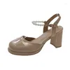 Sandals Leather Women Shoes Closed Toe 2024 Summer Block Heels Suit Female Beige Shallow Mouth Buckle Strap Chunky Low Black Hig