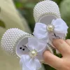 Dollbling Handmade White Pearls Bling Rhinestone Baby Crib Shoes Christening Outfit Wedding Sparkle Organza Baptism 0-3m Shoes 240110