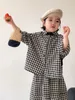 2024 Printemps filles vêtements à carreaux ensembles enfants revers manches longues vêtements d'extérieur pantalons amples jambes larges 2pcs enfants treillis tenues décontractées Z6636