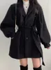 Корейский толстый женский плащ, теплые куртки с отложным воротником, одежда с длинными пышными рукавами, осеннее элегантное пальто с поясом, женский шикарный топ миди 240110