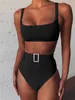 High Waist Bikini Solid Purple High Leg Rhinestone Belt Luxury Swimsuit sexy Bathing Suit Push Up Two Piece Swimwear Ropa Mujer 240110