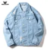 Men Light Blue Denim Jackets Holes Jean Jackets Streetwear Casual Denim Coats Men Cotton Outwear Slim Denim Jackets Size 240110