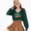 Women's Sweaters Pullover Green Embroidered V-neck Sweater For Women Autumn Letter Striped Contrasting Long-sleeve Applique Slight Strech