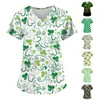 Women's T Shirts Clovers Print Green Scrub Tops St. Patrick's Day Clinic Carers Uniform Staff Blouse V Neck Workwear