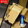 Metal Langsheng Lighter Double Straight Inflatable Brushed Blue Flame Lighter Windproof Cigar Moth Incense Gift Creative Fire