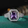 Cluster Rings Fashion Silver Color Big Square Purple CZ Stone Ring for Women Girls Elegant Bride Wedding Accessories Jubileumsgåvor