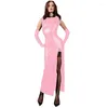 Casual Dresses Leather Pu Elegant Lady Fit Sleeveless Solid Dress Female Backless Slim Thigh-High Slit Long Party Sexy Summer 7XL