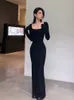 Qweek Y2K Seksi Siyah Elbise Kadınlar Vintage Wrap Slim Bodycon Uzun Elbiseler Parti Akşam Kare Yaka Moda Bahar Kıyafetleri 240111