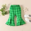 Conjuntos de roupas Baby Girl Outfit Manga Longa Letras Shamrock Imprimir Romper com Calças Flare Xadrez e Headband Roupas de Férias Conjunto