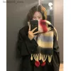 Scarves Korea Real Rabbit Fur Ball Warm Dopamine Scarf Soft Stripe Long Shawl Female Colorfur Thermal Y2K Scarf Girls Teen Muffler Q240111