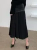 TwotWinstyleカジュアルパッチワークPUスカート女性用ハイウエストミディフォールドプリーツスカート