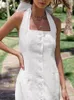 カジュアルドレスコットンホルター女性のためのバックレスの白いドレスシングル胸をスプリットオフ肩エレガントなミディオフィスレディベスト