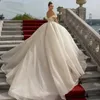 أنيقة Beige v-neck قبالة ثوب الزفاف الكتف مع فستان زفاف متلألئ بطول الأرض للنساء Vestidos de Novia