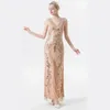 Sukienki swobodne cekiny Wepbel Gatsby sukienka bez rękawów Deep V-deck Slim-Fit Long Retro 1920 Party Women's Slim Fits Midi