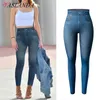 Calças de brim femininas jeggings falso denim jeans leggings cintura alta controle de barriga magro leggins impresso calças lápis sem costura calças magras