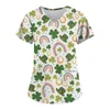 Women's T Shirts Clovers Print Green Scrub Tops St. Patrick's Day Clinic Carers Uniform Staff Blouse V Neck Workwear