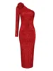 Casual Dresses Christmas Women Luxury Sexig One Shoulder Flower Mesh Sequins Red Maxi Long BodyCon Gowns Dress Elegant Evening Party Club