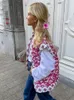 Skriv ut rosa blommor bomullsväst för kvinnor elegant ärmlös varm cardigan waistcoat 2023 Autumn Lady Vintage High Streetwear 240111