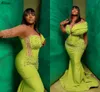 Aso Ebi Verde Vestidos de Baile Elegantes Lantejoulas Frisadas Mangas Compridas Plus Size Sereia Vestidos de Noite Sheer Neck Mulheres Africanas Segunda Recepção Vestido de Festa Formal CL3197