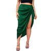 Skirts Women Asymmetrical Side Split High Waist Skirt Satin