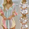 "Robe chemise élégante à imprimé rayé pour femme - Chemisier à manches longues à la mode avec col rabattu, hauts froncés boutonnés sur le devant pour un look tendance"