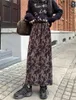 Kjolar vårens hösttie färgämne tryck midi kvinnor delade mode ruffle veckade damer hög midja koreansk lös kvinna