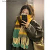 Scarves Korea Real Rabbit Fur Ball Warm Dopamine Scarf Soft Stripe Long Shawl Female Colorfur Thermal Y2K Scarf Girls Teen Muffler Q240111