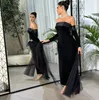 Elegant Black Arabic Dubai Evening Dress 2024 Strapless Open Back Velvet Tulle Train Prom Formal Party Gowns Robe De Soiree Vestidos De Gala