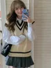 Estilo preppy suéter de punto chaleco mujeres vneck sin mangas jerseys moda coreana casual jumper primavera otoño allmatch tops 240111