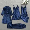 Leepwear Female 542PCS Pajamas Set Satin Pyjamamas Lace Patchwork Bril Wedding Nightwear Rayon Home Wear Nighty Robe Suit 240110