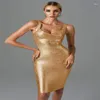 カジュアルドレス2024ファッションゴールドシルバースタンピング包帯ドレスノースリーブ膝の長さカクテルナイトクラブパーティーサマーボディコン女性