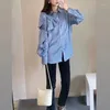 Kvinnor Bluses Korean Big Bow skarvad skjorta 2024 Spring Autumn Fashion Loose Randig Commute Single-Breasted Clothing Polo-Neck Blouse