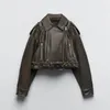 Fashion Streetwear Tops Outerwear Woman Faux Leather Jacket Chic Vintage Short Lapel Zipper Belt Biker Coats